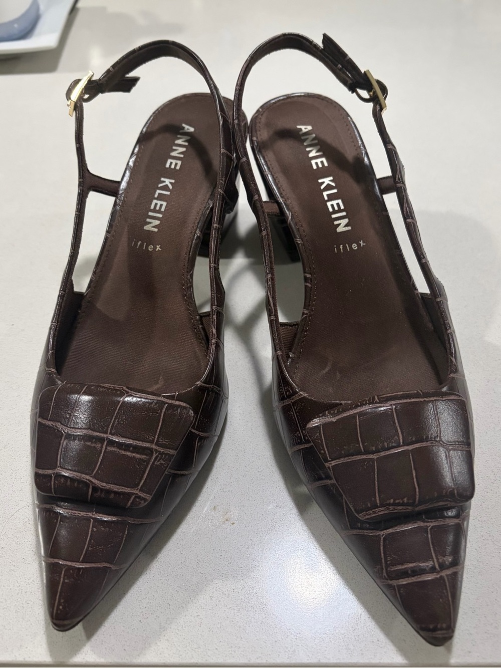 Anne Klein Brown Croc-Embossed Pointed Toe Slingback Mules